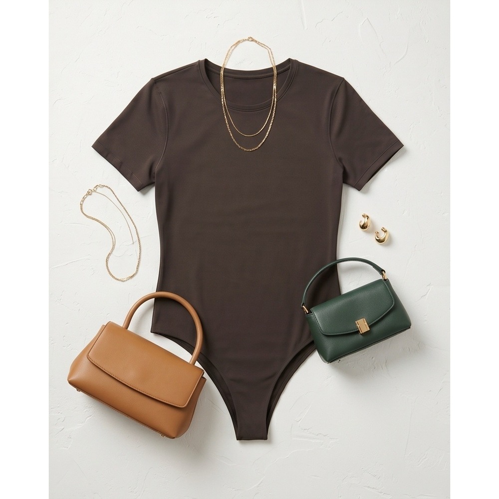 Athleta M Bodymove Brown Short Sleeve Crew Neck Thong Bodysuit NEW - Picture 12 of 12
